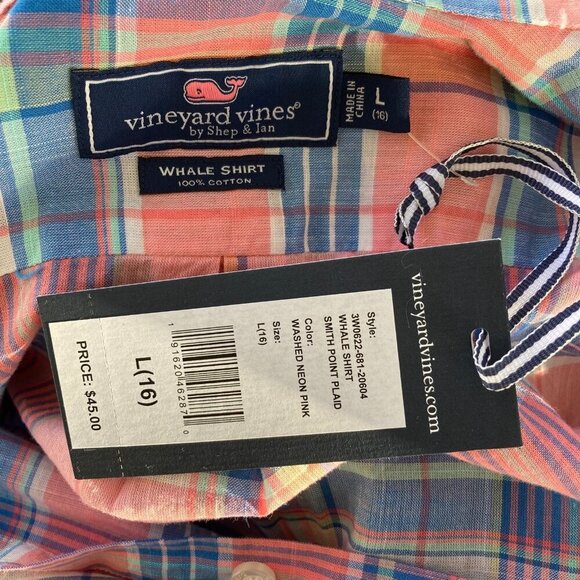 NWT Vineyard Vines Boys Large (16) Whale Shirt Smith Point Plaid in Washed Neon - Picture 7 of 11